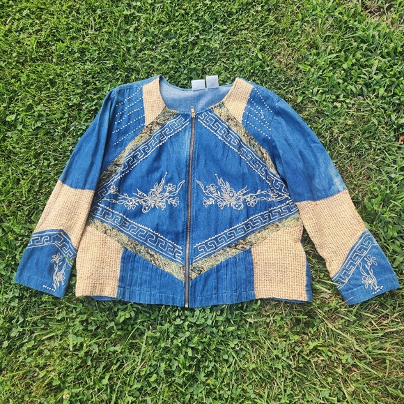 VINTAGE BLAIR BOUTIQUE PATCHWORK DENIM JACKET EMBROIDERED BEADED SIZE XL ZIPPER - Picture 1 of 11